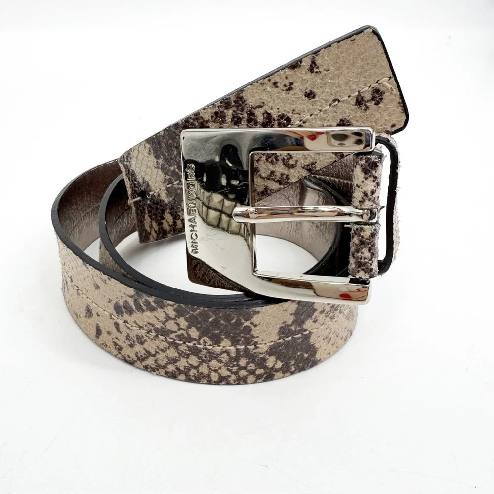 Michael Kors Metallic Animal Print Leather Belt with Silver Buckle, Size Large